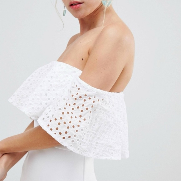 NWT ASOS Design White Scuba Eyelet Off Shoulder Broderie Trim Pephem Midi Dress - Picture 4 of 8